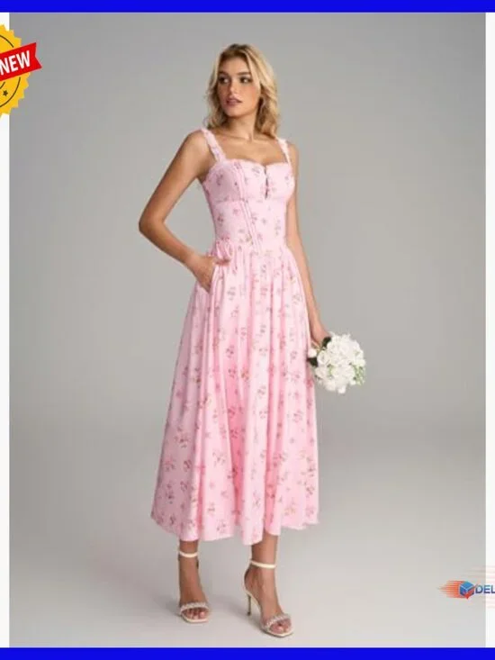 Summer Corset Midi Dress Floral Lace Smocked Flowy A-Line with Pockets - Picture 5 of 7